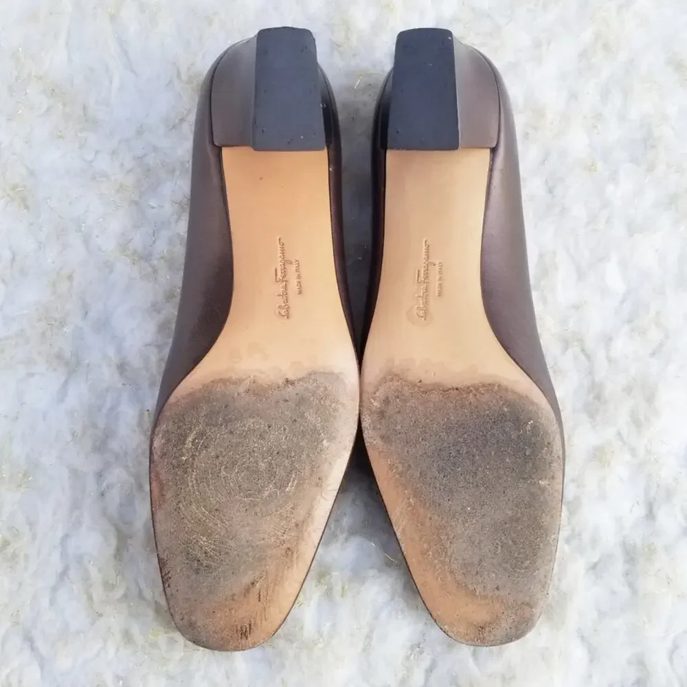 Brown Ferragamo Heels Size 6 Classic Leather Pumps Italian Shoes VTG 80s - Picture 10 of 12